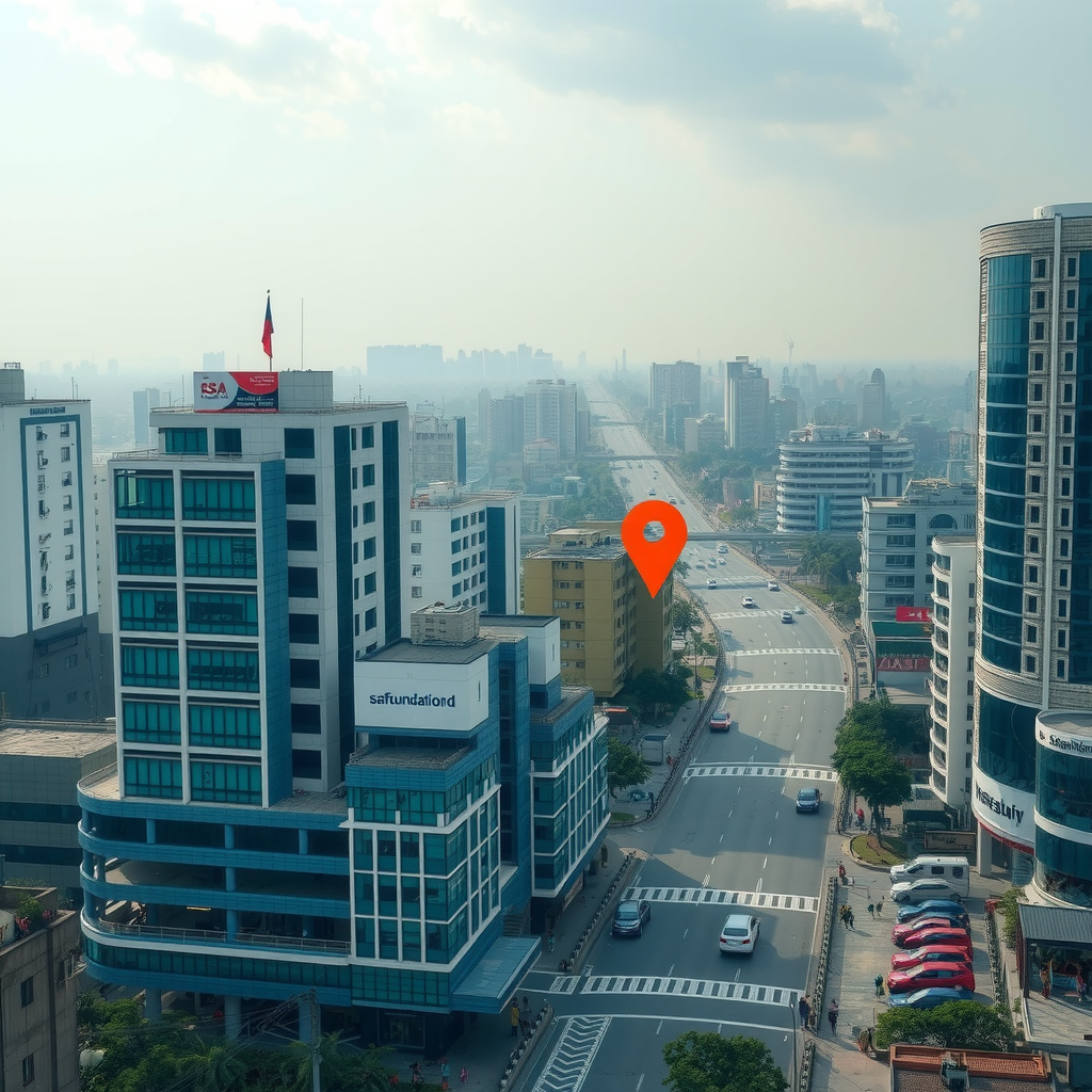 Map showing safoundationbd office location at 245 Gulshan Avenue, Dhaka 1212, Bangladesh with nearby landmarks and streets