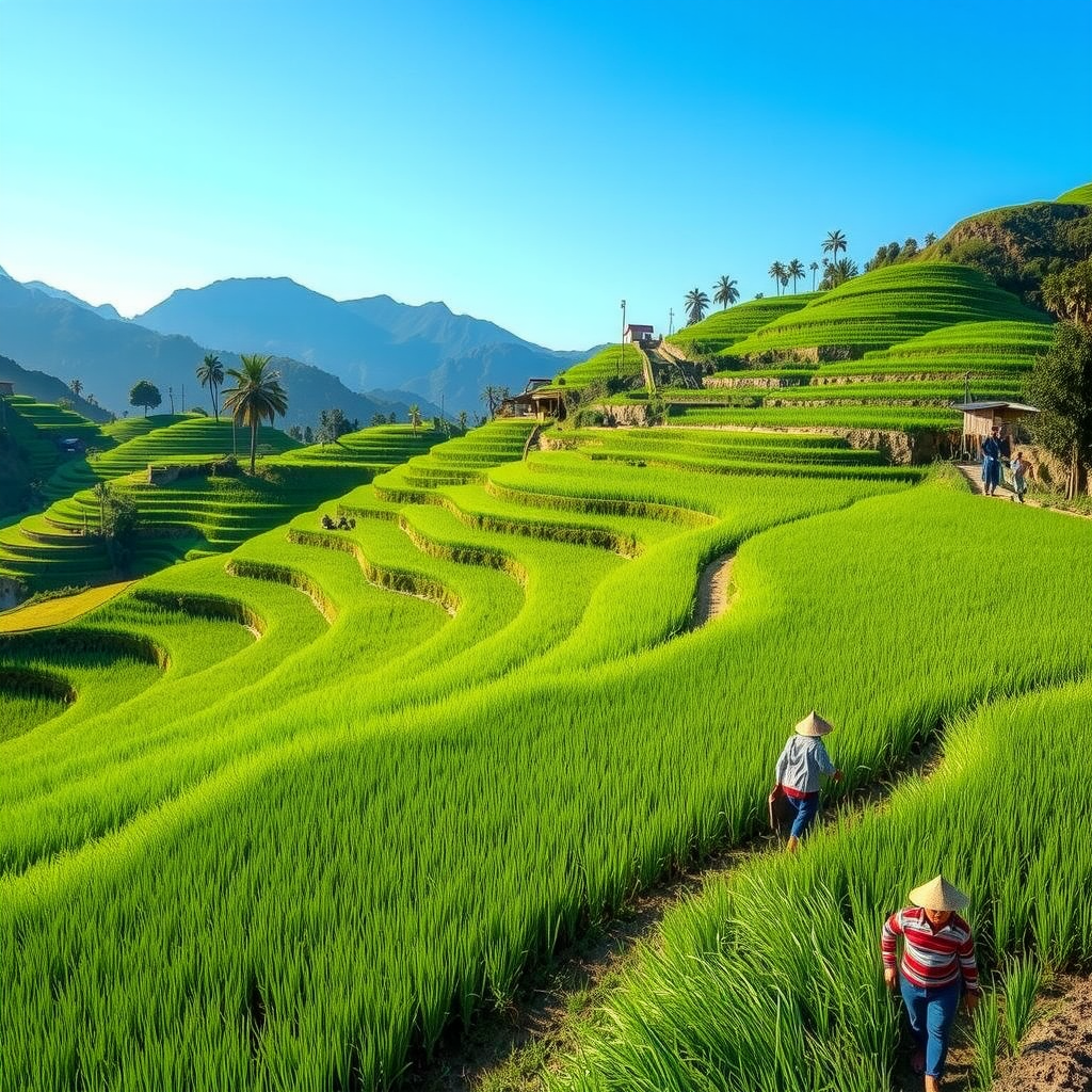 Lush green rice terraces in Southeast Asia with local farmers working in traditional clothing, showcasing sustainable agricultural tourism practices with mountains in the background and clear blue sky