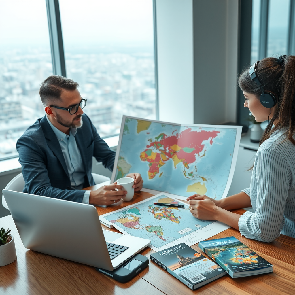 Professional travel consultant working with client on personalized itinerary planning, showing destination maps and travel brochures on a modern desk with laptop and travel guides
