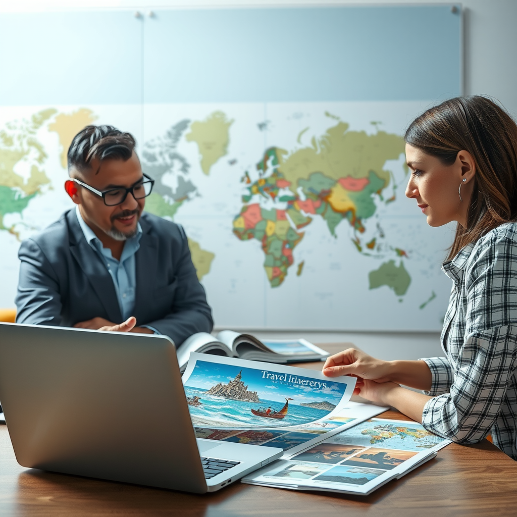 Professional travel consultant collaborating with client over personalized travel itinerary with world maps, destination brochures, and laptop showing exotic locations