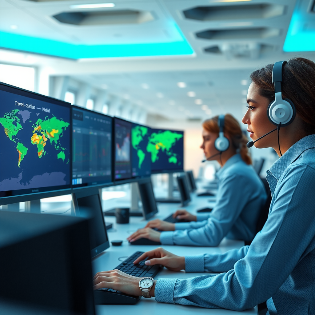 Professional travel support team working at modern call center with headsets, multiple monitors displaying world map and travel information, bright office environment with turquoise accent lighting