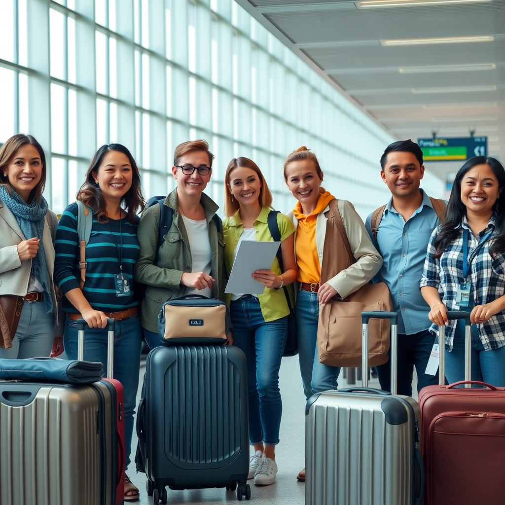 Happy group of diverse travelers with luggage at airport terminal, smiling and ready for coordinated group adventure, with travel coordinator holding clipboard