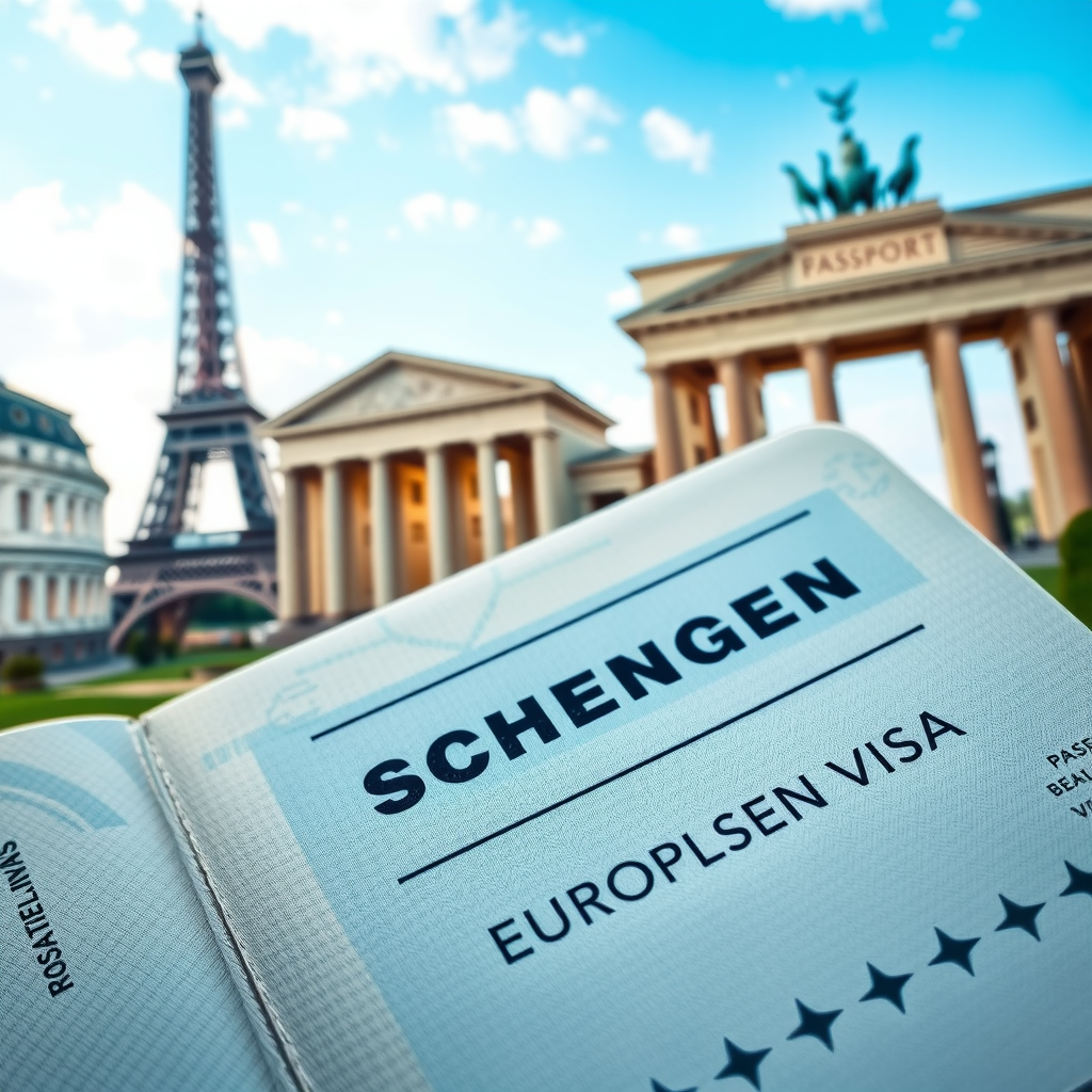 Schengen visa stamp on passport page with iconic European landmarks including Eiffel Tower, Colosseum, and Brandenburg Gate visible in artistic background composition