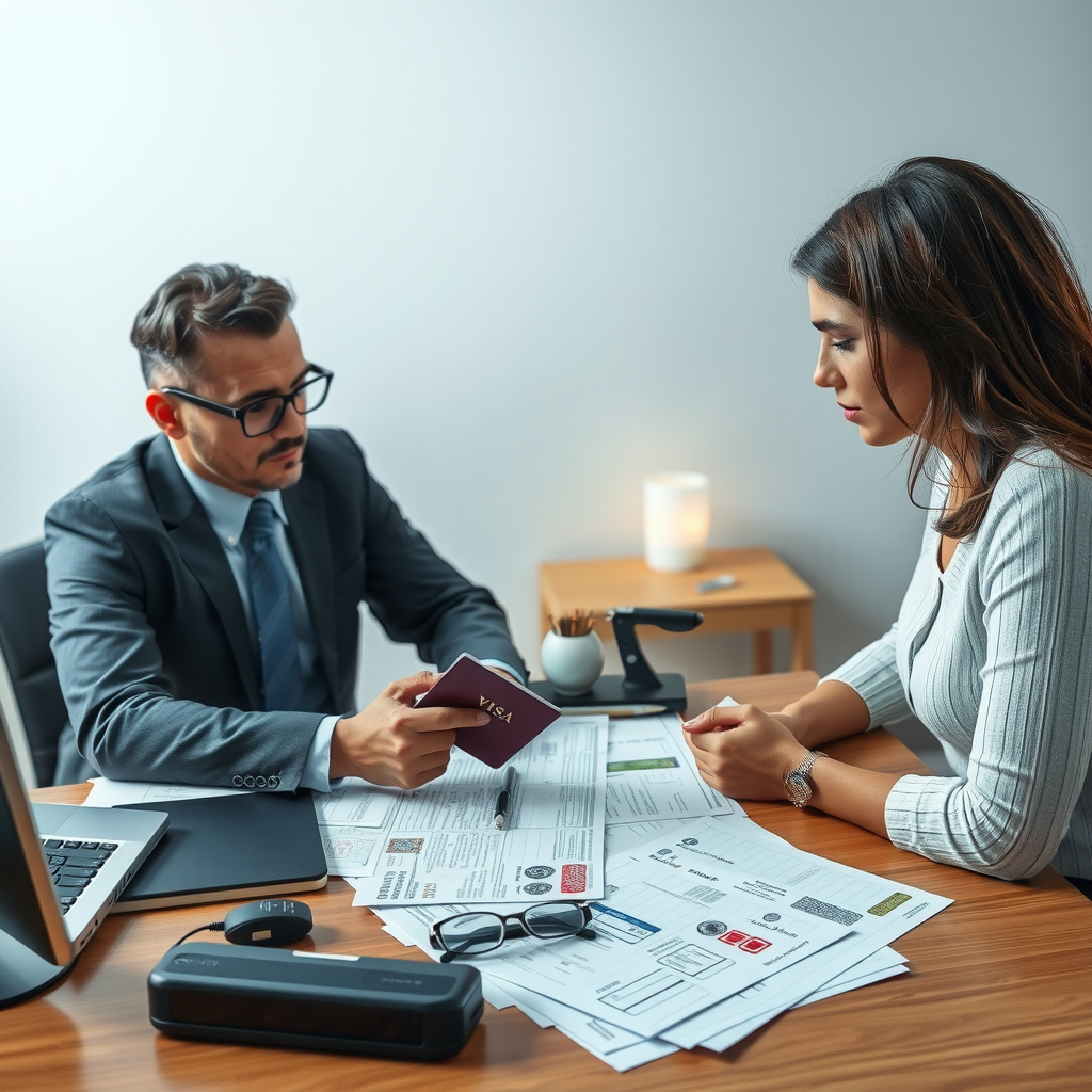 Professional visa consultant reviewing passport and application documents with client, desk covered with visa forms, stamps, and international travel documentation