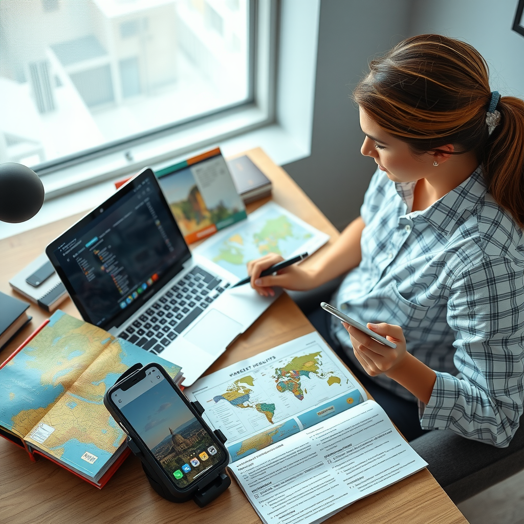 Traveler sitting at desk researching destination on laptop with travel guidebooks, printed maps, cultural etiquette notes, and smartphone showing translation app, creating a comprehensive travel planning setup
