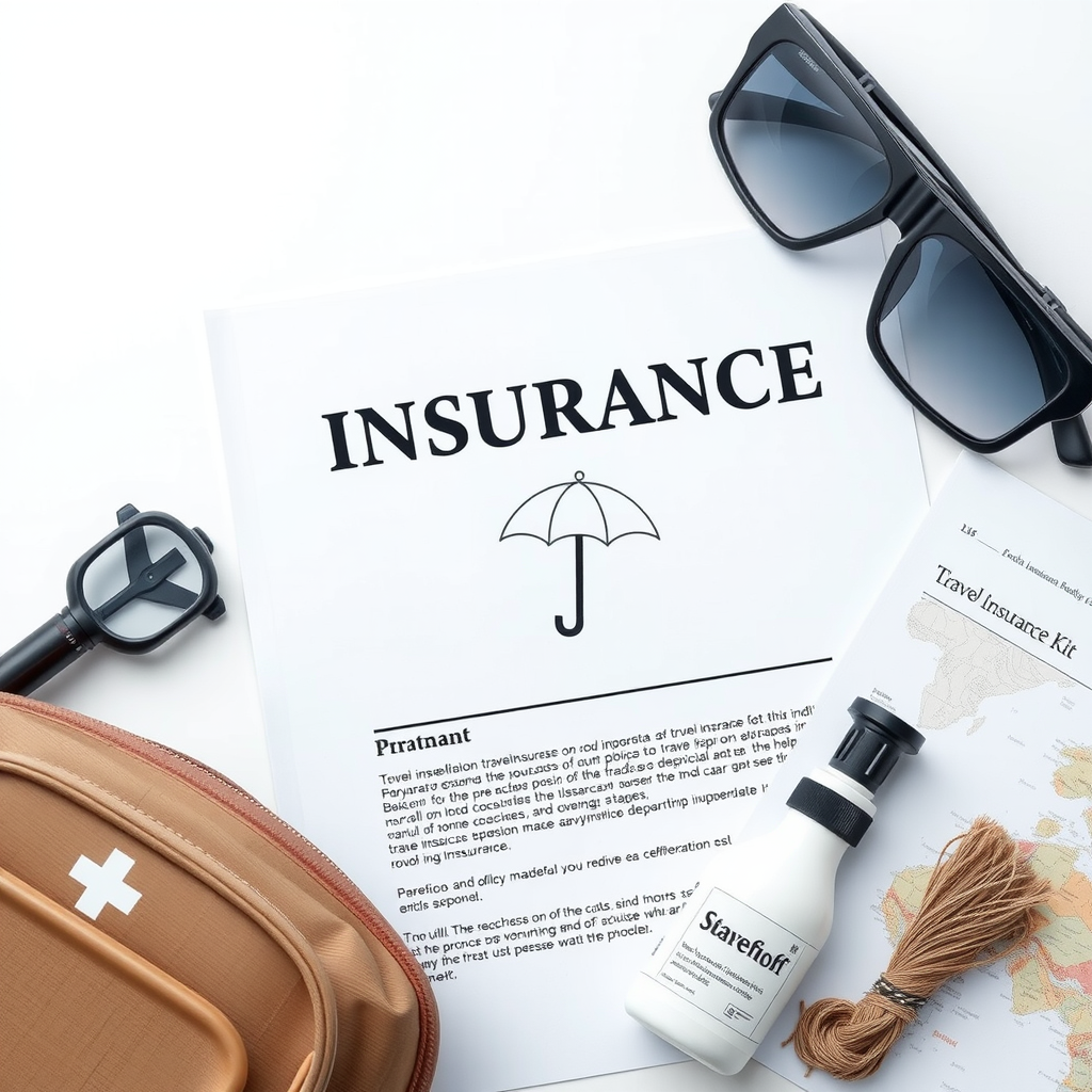 Travel insurance policy documents with protective umbrella icon, medical kit, and travel safety equipment displayed on clean white background symbolizing comprehensive coverage
