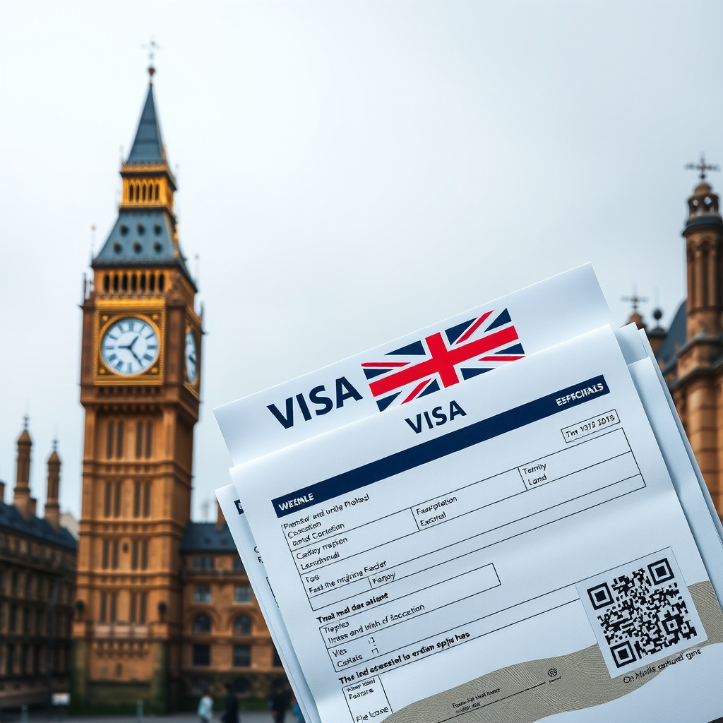 United Kingdom visa application documents with Big Ben clock tower and British flag, showcasing UK travel documentation and visa requirements