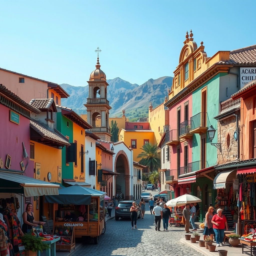 Colorful colonial architecture in Oaxaca with vibrant street markets, indigenous artisans selling traditional crafts, and baroque churches against a backdrop of mountain ranges