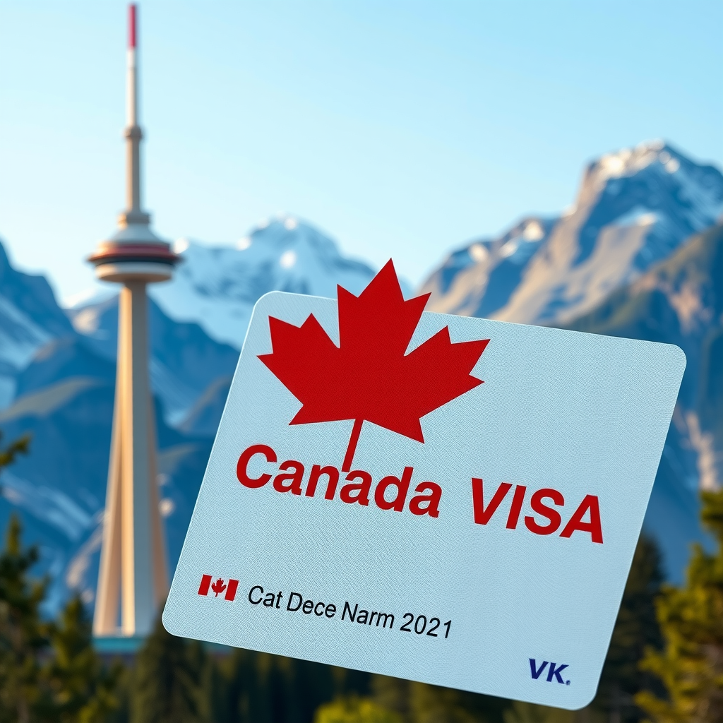 Canada visa documentation with red maple leaf symbol and iconic Canadian landmarks including CN Tower and Rocky Mountains in background