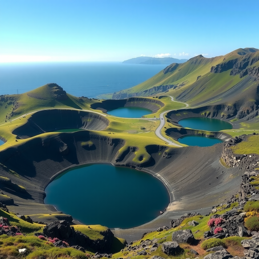 Volcanic crater lakes in the Azores with lush green hillsides, hydrangea-lined roads, geothermal hot springs, and dramatic coastal cliffs meeting the Atlantic Ocean