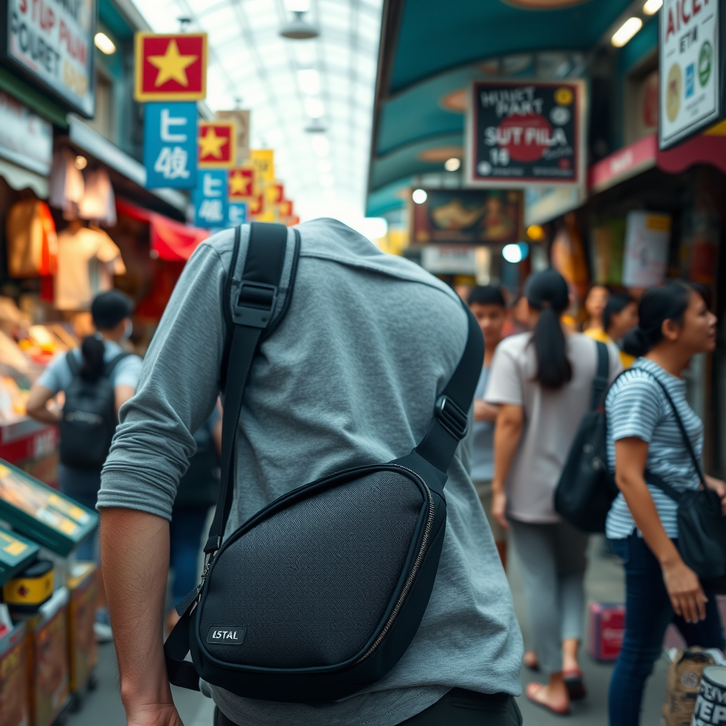 Traveler in busy international market wearing secure crossbody anti-theft bag with locking zippers, demonstrating proper bag positioning across body, surrounded by market stalls and other shoppers in vibrant setting