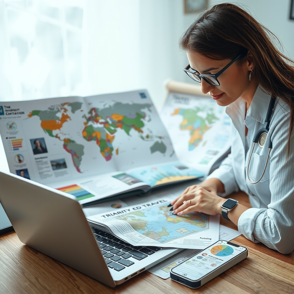 Professional travel planner working on detailed trip planning with multiple destination guides, maps, and laptop showing international travel options