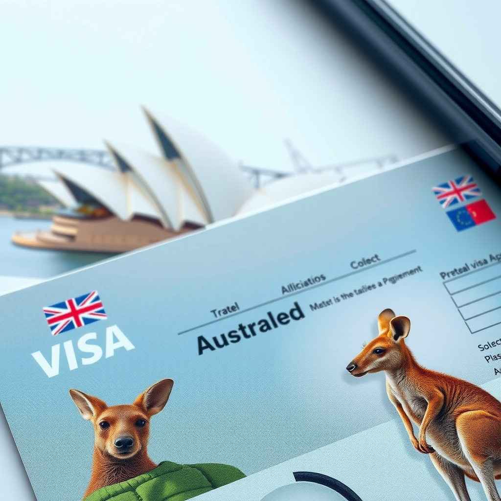 Australia visa application with Sydney Opera House and kangaroo imagery, representing Australian travel documentation and visa requirements