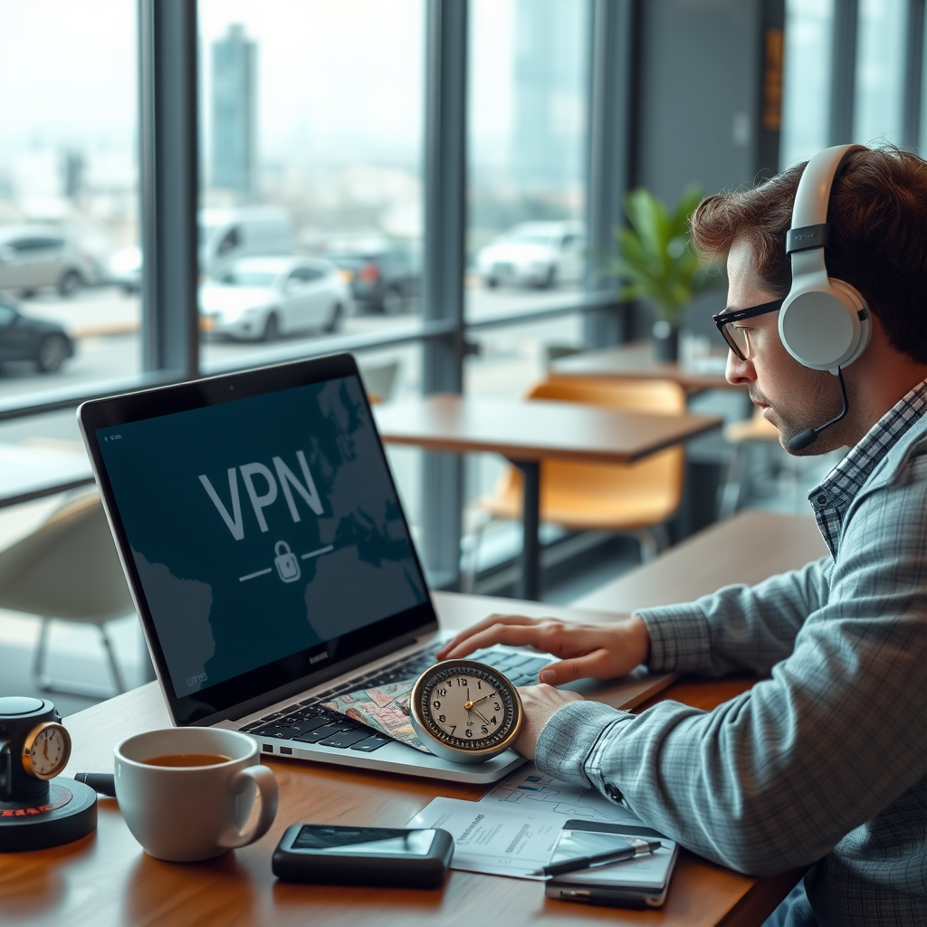 Traveler working on laptop in international cafe with VPN security icon displayed on screen, showing secure connection indicator, with coffee and travel documents nearby in modern workspace setting