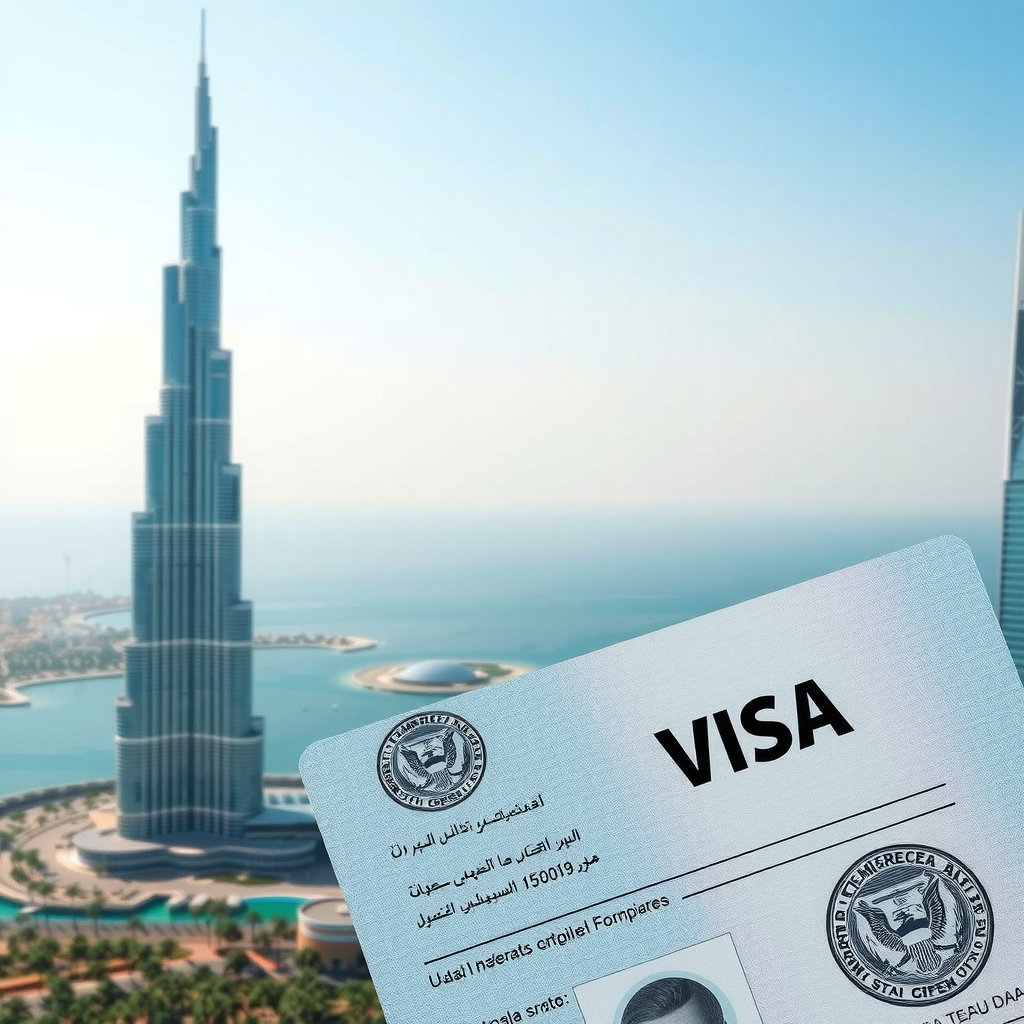 Dubai UAE visa documentation with Burj Khalifa skyscraper and palm islands, showcasing Middle East travel visa requirements