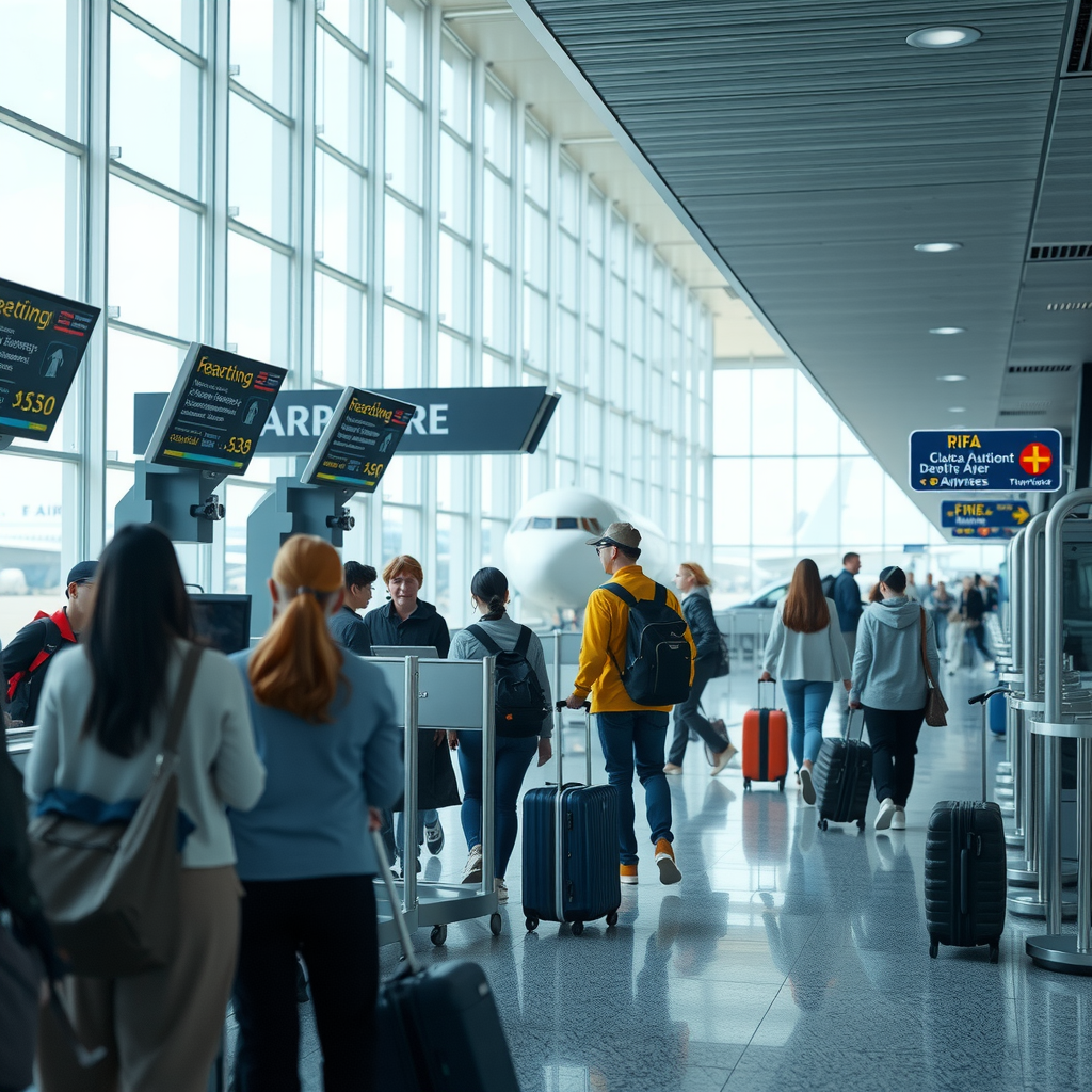 International airport departure gate with travelers boarding aircraft, showing organized boarding process, gate agents checking documents, and passengers with carry-on luggage in modern terminal setting